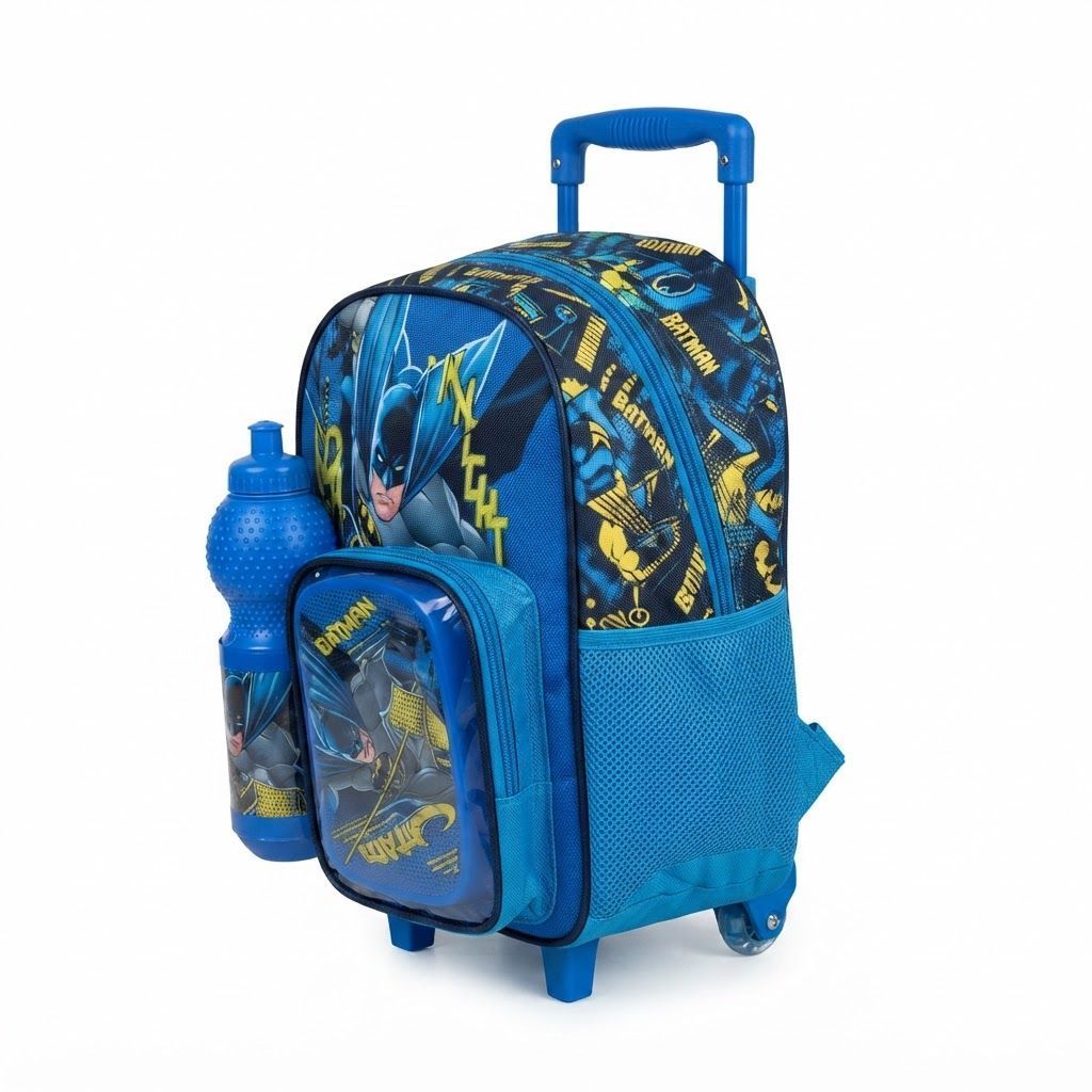 Batman 3-in-1 Toddler Rolling Backpack School Set - 13 inch Trolley Bag with Lunch Box & Water Bottle