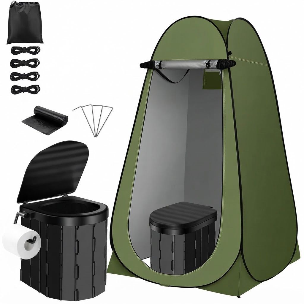 Uniiking Portable Camping Toilet Kit with Pop-Up Privacy Tent, 400 lb Capacity Folding Commode and Portable Waste Bags