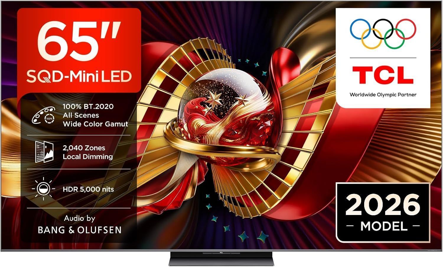 TCL 65 Inch 4K SQD Mini LED Smart Google TV, 144Hz, HDR 5000 Nits & 2,040 Dimming Zones, Dolby Atmos, B&O Audio, AirPlay 2 - 65C8L - Black