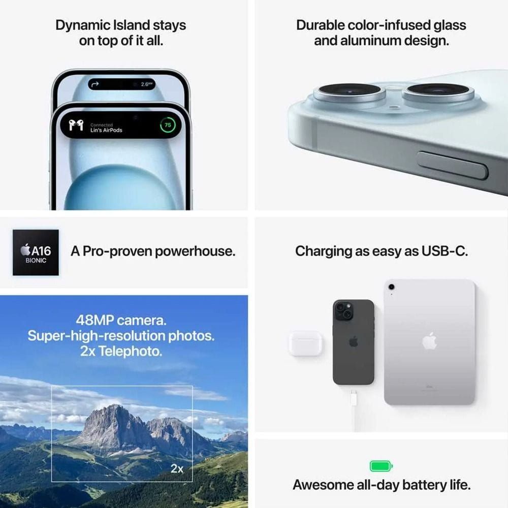 Apple iPhone 15 5G Smartphone, 256GB Storage, 6.1" Super Retina XDR Display, A16 Bionic Chip, 48MP Main Camera | Blue - MTP93AA