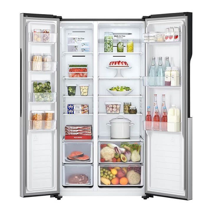 LG Side by Side Refrigerator, Total No Frost, Multi Air Flow, Touch LED Display, Smart Inverter Compressor, Tempered Glass - Silver - GRFB587PQAM
