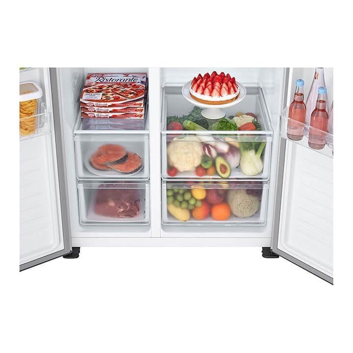 LG Side by Side Refrigerator, Total No Frost, Multi Air Flow, Touch LED Display, Smart Inverter Compressor, Tempered Glass - Silver - GRFB587PQAM