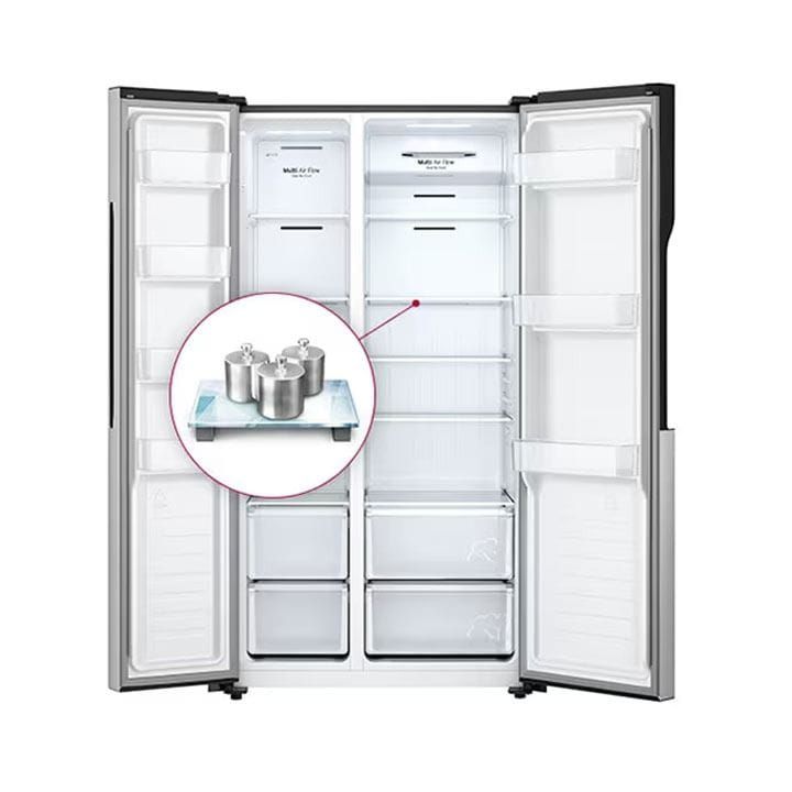 LG Side by Side Refrigerator, Total No Frost, Multi Air Flow, Touch LED Display, Smart Inverter Compressor, Tempered Glass - Silver - GRFB587PQAM