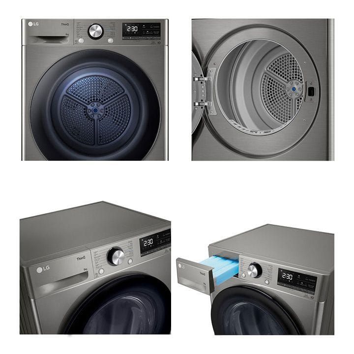 LG Dual Inverter Heat Pump Clothes Dryer 9Kg, Eco Hybrid™, Auto Cleaning Condenser, Shoe Rack, Low Ampere Cycle - Platinum Silver - RH90V5PVTN
