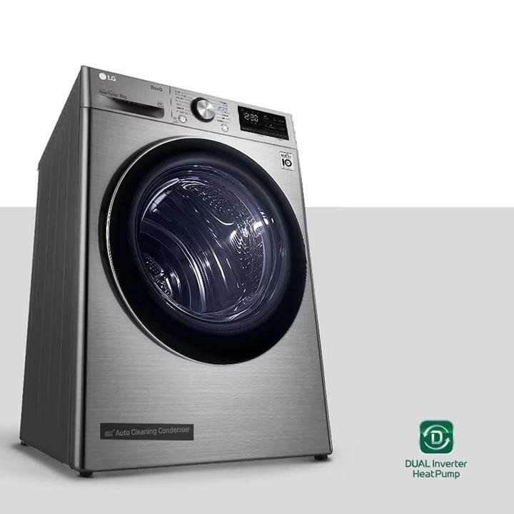 LG Dual Inverter Heat Pump Clothes Dryer 9Kg, Eco Hybrid™, Auto Cleaning Condenser, Shoe Rack, Low Ampere Cycle - Platinum Silver - RH90V5PVTN
