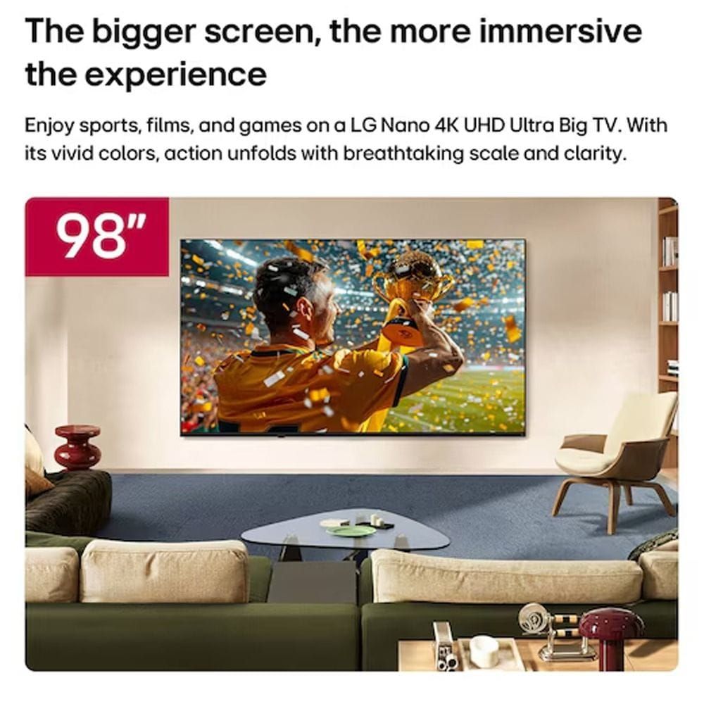 LG 98" NANO UHD 4K Smart TV, α AI Processor 4K Gen8, HDR10, 120Hz, webOS 25, AI Sound Pro | Black - 98NU850B6LB.AMRQ