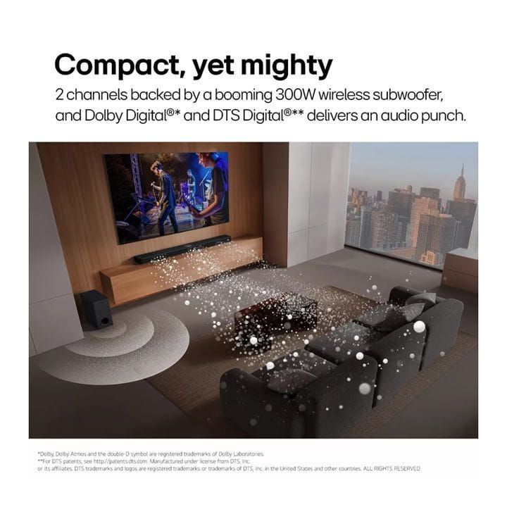 LG 2.1 Channel Soundbar 300W, WOW Interface, AI Sound Pro, Dolby Digital - Black - S40T