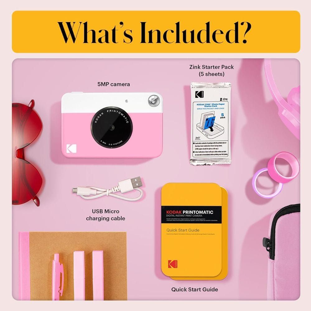Kodak Printomatic Instant Print Camera, 5MP Sensor, Instant 2x3-Inch ZINK Photo Printing, Auto Flash, Optical Viewfinder & MicroSD Support | Pink - 840102197761