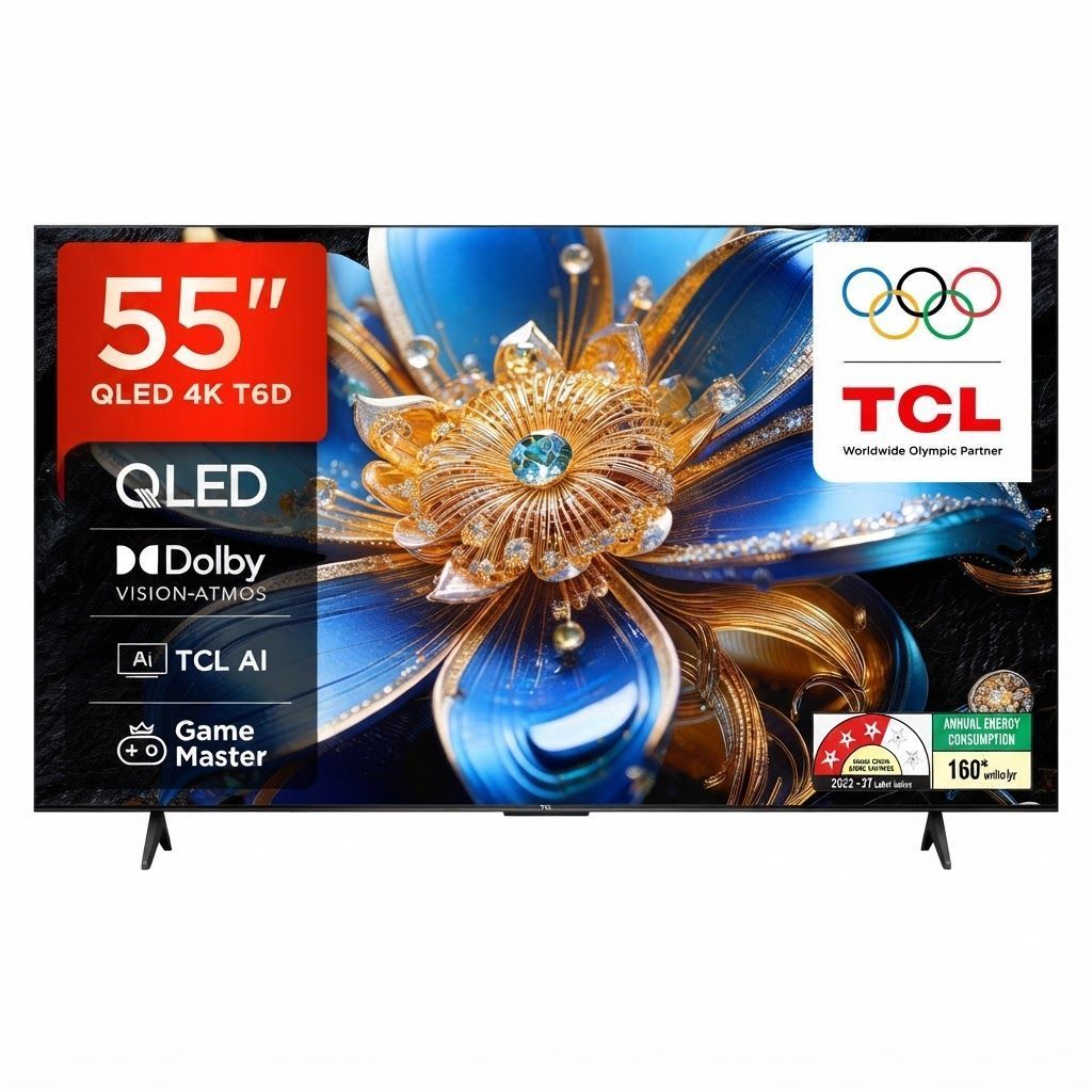 TCL 55 Inch 4K UHD QLED Smart Google TV, HDR10+, Dolby Vision, Dolby Atmos, Game Mode, Bezel-Less Design - 55T6D - Black