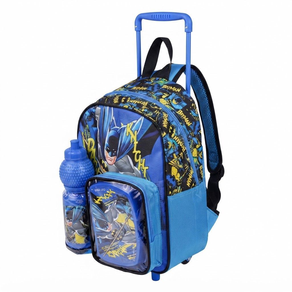 Batman 3-in-1 Toddler Rolling Backpack School Set - 13 inch Trolley Bag with Lunch Box & Water Bottle