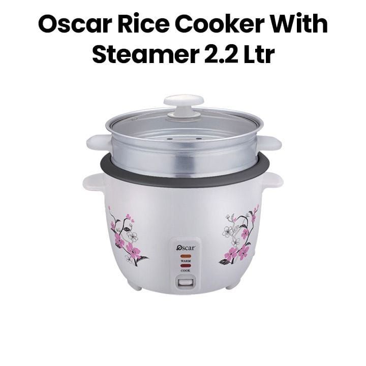 Oscar Rice Cooker With Steamer Teflon And Glass Lid 2.2L, Steamer Basket Included, Teflon Coated Non Stick Inner Pot - White - ORC22WS