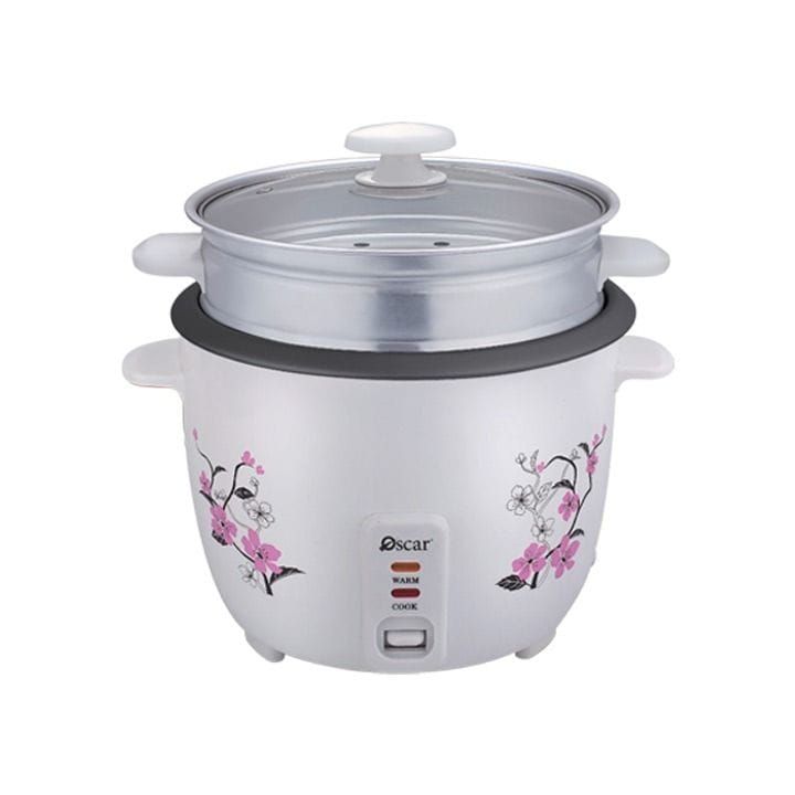 Oscar Rice Cooker With Steamer Teflon And Glass Lid 2.2L, Steamer Basket Included, Teflon Coated Non Stick Inner Pot - White - ORC22WS