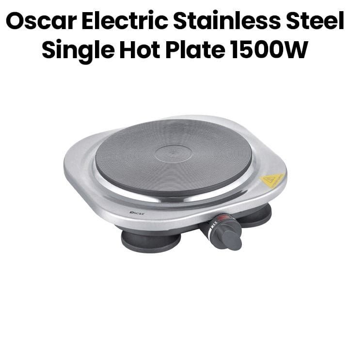 Oscar Electric Stainless Steel Single Hot Plate 1500W, Cast Iron Plate, Adjustable Thermostat, Overheat Protection, Portable Design - Silver - OHP-10S1