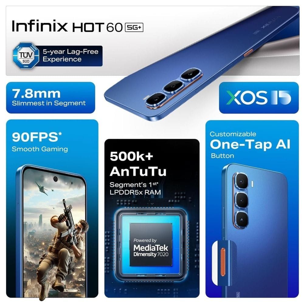 Infinix Hot 60 5G Smartphone (X6726B) 128GB+6GB RAM, MediaTek Dimensity 7060, 6.7" 120Hz Display, 50MP Camera, 5200mAh Battery | Tundra Green