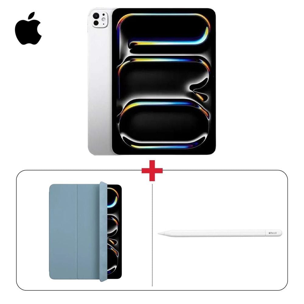 باقة آبل آيباد برو بذاكرة RAM سعة 12 جيجابايت وتخزين 256 جيجابايت باللون الفضي + غطاء Apple Smart Folio لآيباد برو مقاس 13 بوصة باللون الدنيم + قلم Apple Pencil بمنفذ USB-C باللون الأبيض (603001000009992 + 603001000001498 + 603001000000460)