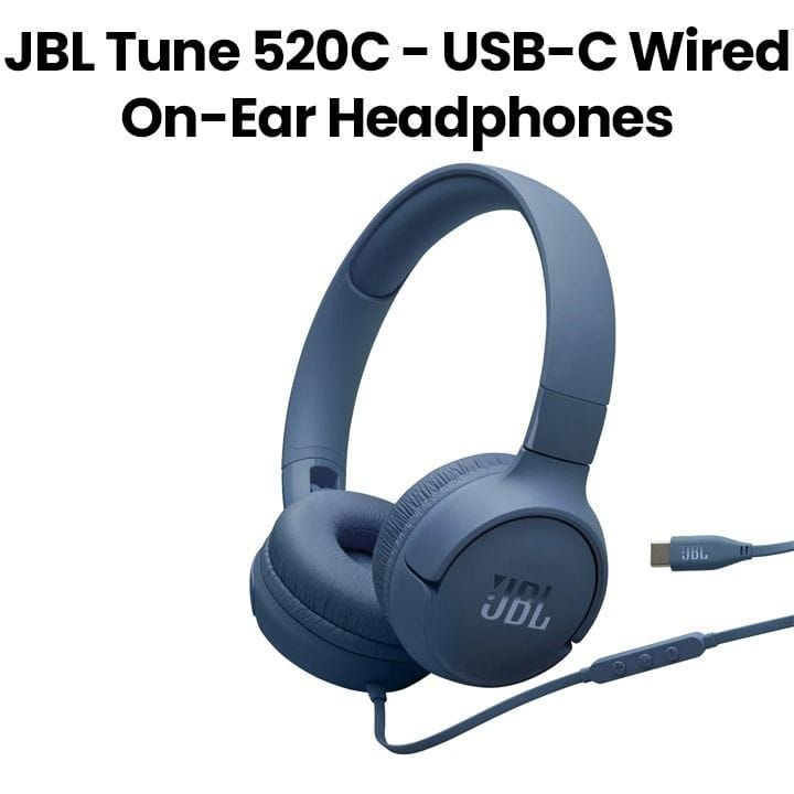 JBL Tune 520C Wired On-Ear Headphones With USB-C, Hi-Res Audio, JBL Pure Bass Sound, EQ Presets - Blue - JBLT520CBLU