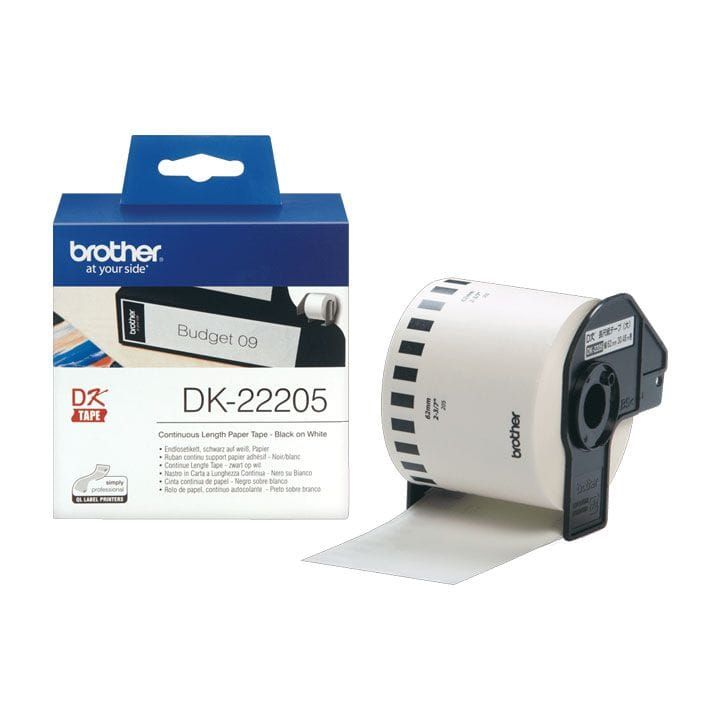 Brother Continuous Label Printer Paper Tape 62mm, Direct Thermal Printing, Strong Adhesive & Durable Bond, Easy to Load & Use - White/Black - DK22205