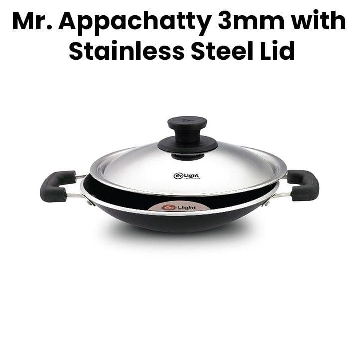 Mr. Light Appachatty 3mm With Stainless Steel Lid, Non-Stick Coating, Strong Handle, Energy Saving Bottom - Black