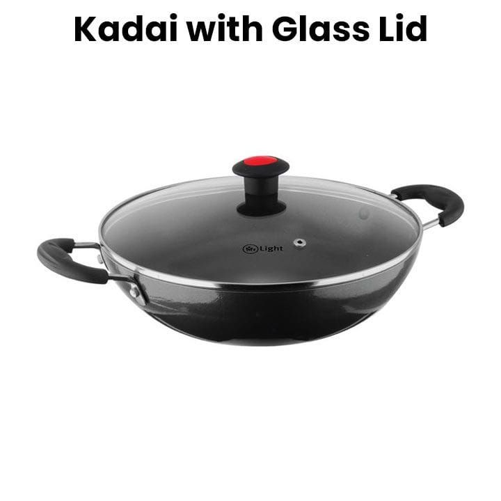 Mr. Light Kadai With Glass Lid 26cm, Non-Stick Coating, Ergonomic Handle, Energy Saving Bottom - Black - MR KADAI 26 CM
