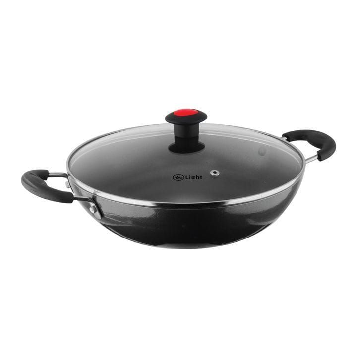 Mr. Light Kadai With Glass Lid 26cm, Non-Stick Coating, Ergonomic Handle, Energy Saving Bottom - Black - MR KADAI 26 CM