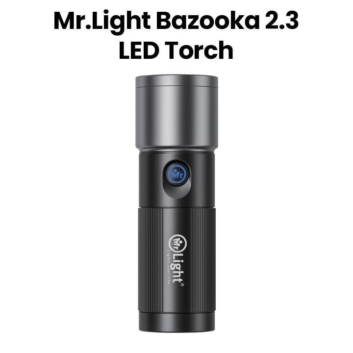 Mr. Light Bazooka 2.3 LED Flashlight 25W, IPX5 Waterproof, 7500mAh Long Battery, Fast Type-C Charging, Durable Metal Build - Black