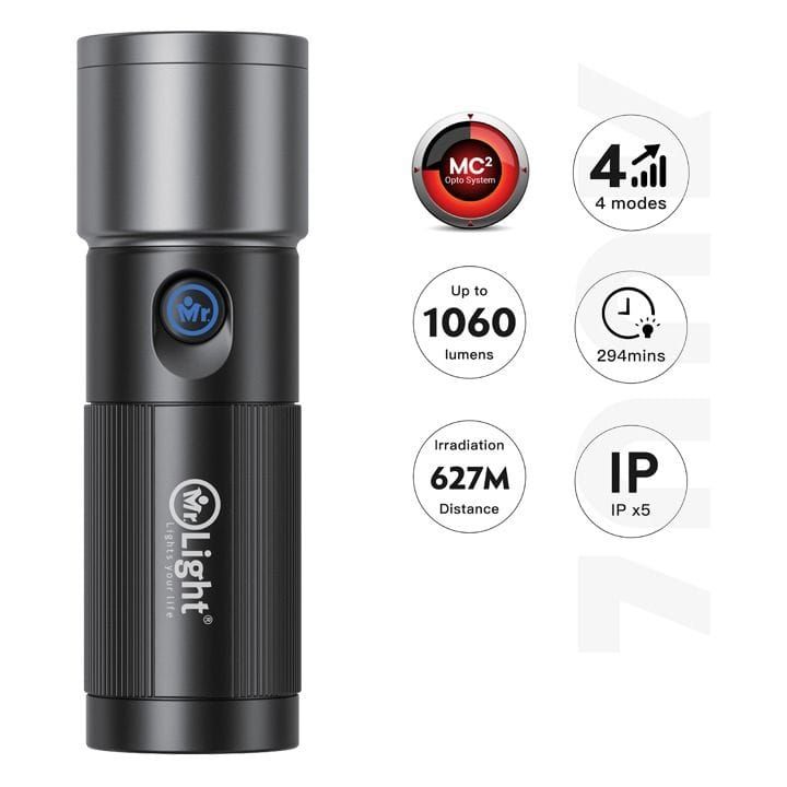 Mr. Light Bazooka 2.3 LED Flashlight 25W, IPX5 Waterproof, 7500mAh Long Battery, Fast Type-C Charging, Durable Metal Build - Black