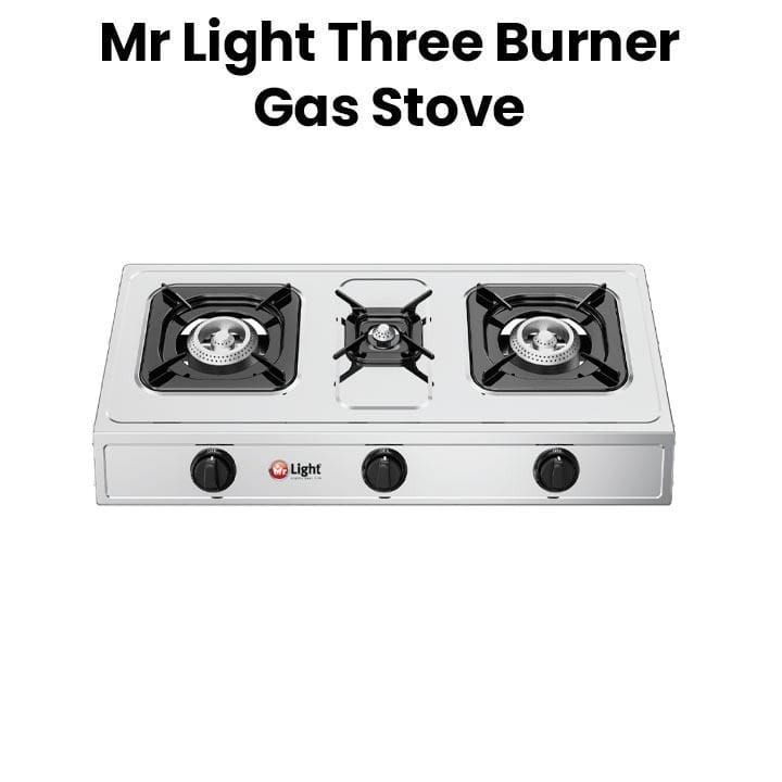 Mr. Light Stainless Steel Three Burner Gas Stove, Cast Iron Pan Support, Automatic Ignition, Blue Flame Technology - Silver - MRGB3B03SS