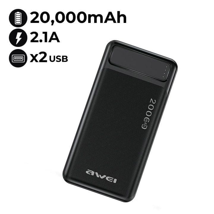 Awei 20000mAh Portable Power Bank Dual Type A USB A and Type C Micro Dual input Fast Charge | P6K