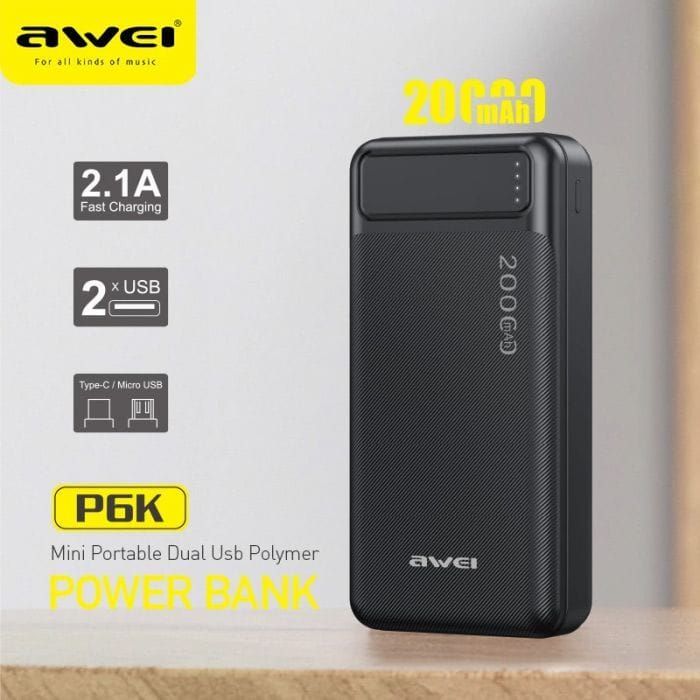 Awei 20000mAh Portable Power Bank Dual Type A USB A and Type C Micro Dual input Fast Charge | P6K