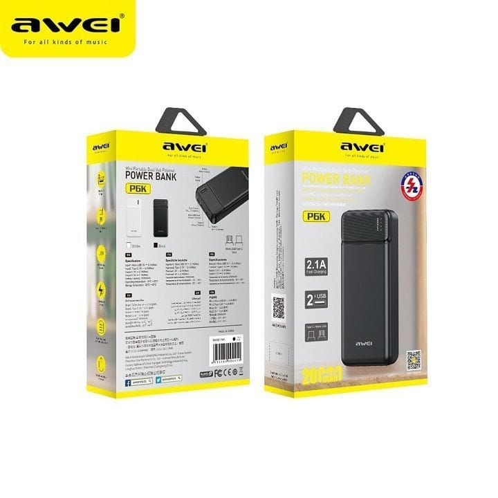 Awei 20000mAh Portable Power Bank Dual Type A USB A and Type C Micro Dual input Fast Charge | P6K
