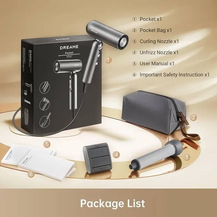 Dreame Pocket Hair Dryer, Compact And Convenient, Fast Drying With High Speed Motor, Low Noise Drying, Negative Ions - Grey - AHD51