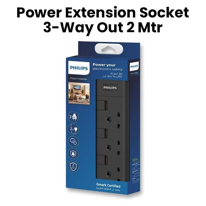 Philips 3-Way Outlet Extension Socket Individual Switch UK Plug 2Mtr Cord - Black (SPN2932BA/56)