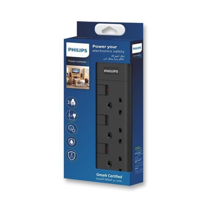 Philips 3-Way Outlet Extension Socket Individual Switch UK Plug 2Mtr Cord - Black (SPN2932BA/56)
