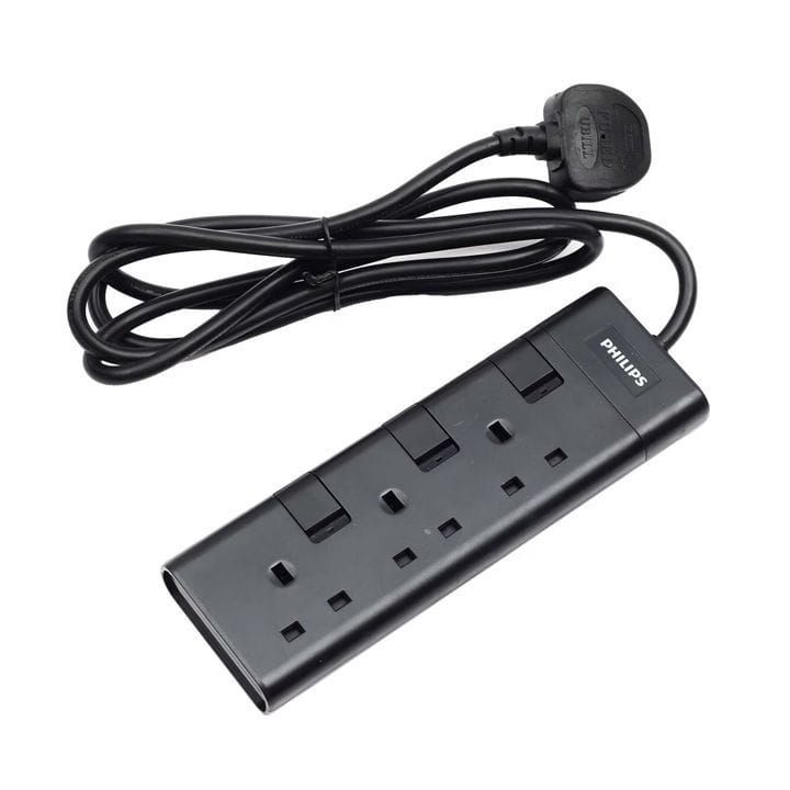 Philips 3-Way Outlet Extension Socket Individual Switch UK Plug 2Mtr Cord - Black (SPN2932BA/56)