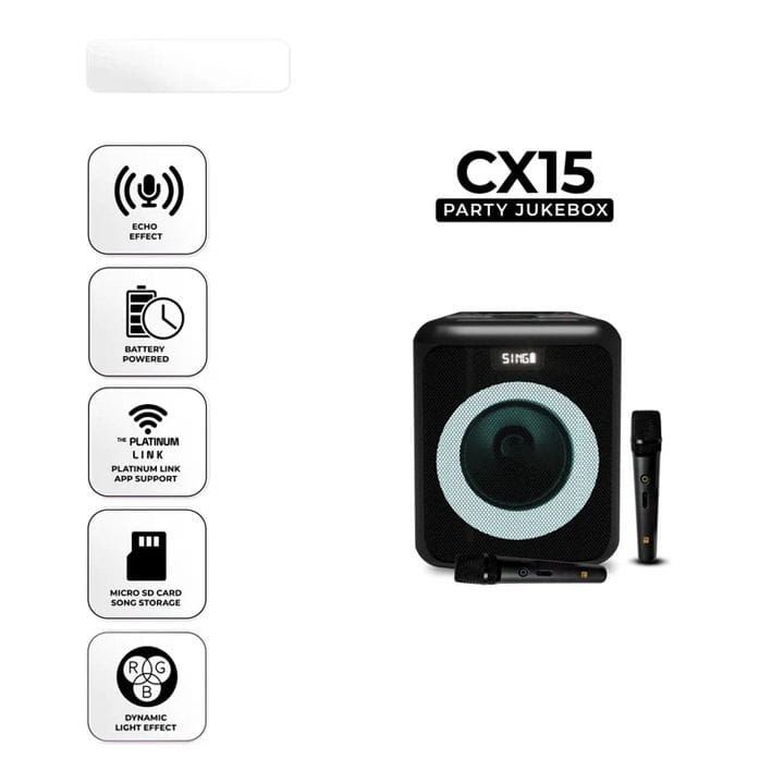 نظام حفلات جوك بوكس بلاتينوم كارايوكي CX15 – 23000 أغنية مدمجة، ميكروفونات لاسلكية، صوت بقوة 1200 واط، إضاءة RGB، بلوتوث CX15