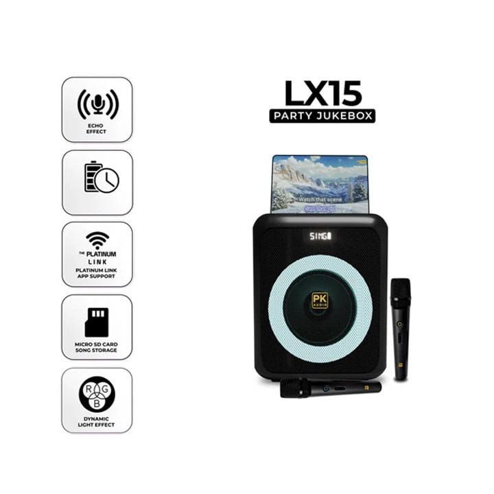 نظام حفلات جوك بوكس بلاتينوم كارايوكي LX15 – شاشة LCD مقاس 8 بوصة، 23000 أغنية مدمجة، ميكروفونات لاسلكية، مكبر صوت بلوتوث LX15