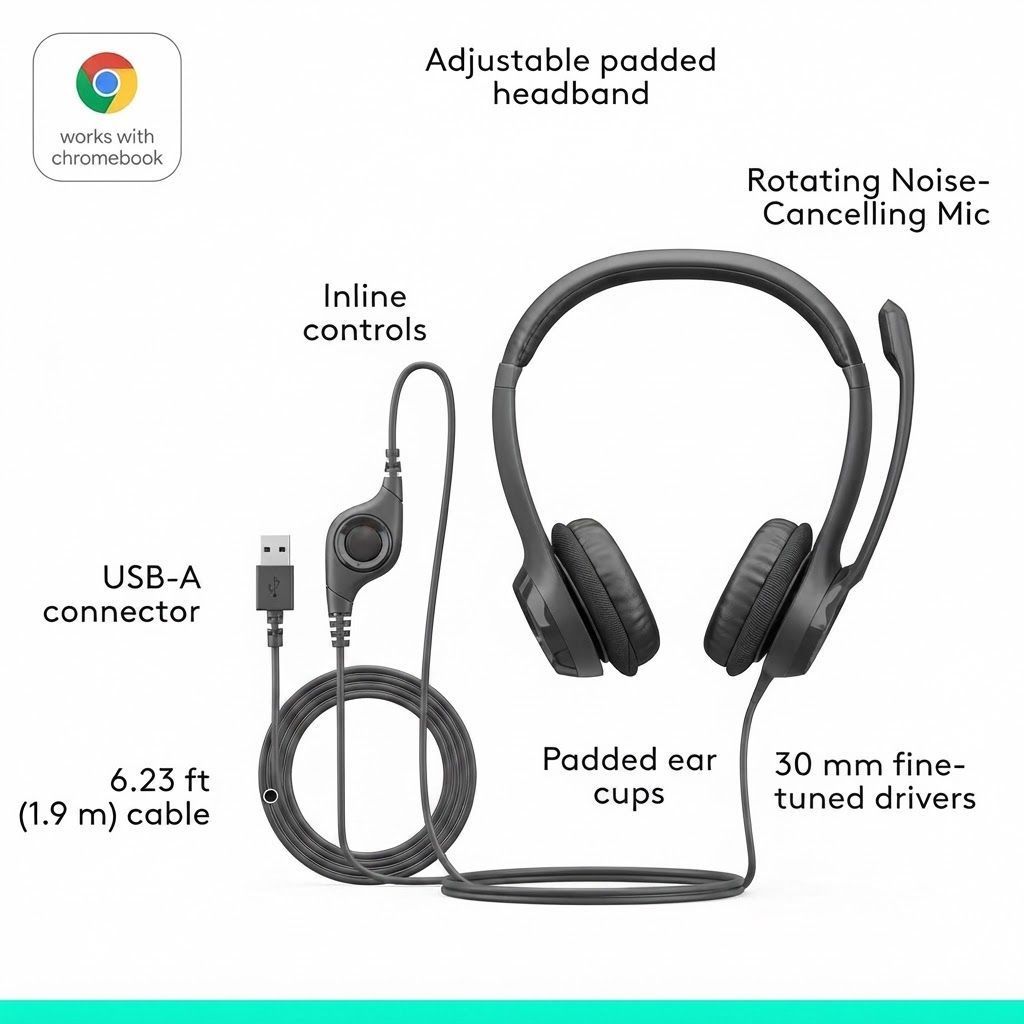 Logitech H390 Wired USB Headset with Noise-Cancelling Microphone - Stereo On-Ear Headphones |Black