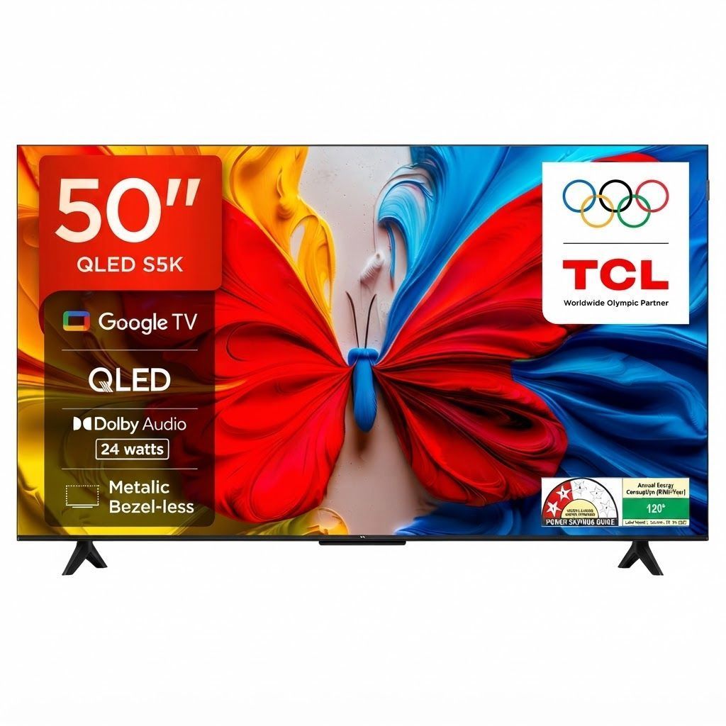 TCL 50 Inch FHD QLED Smart Google TV, HDR10, Dolby Audio, Metallic Bezel-Less Design, Google Cast - 50S5K - Black