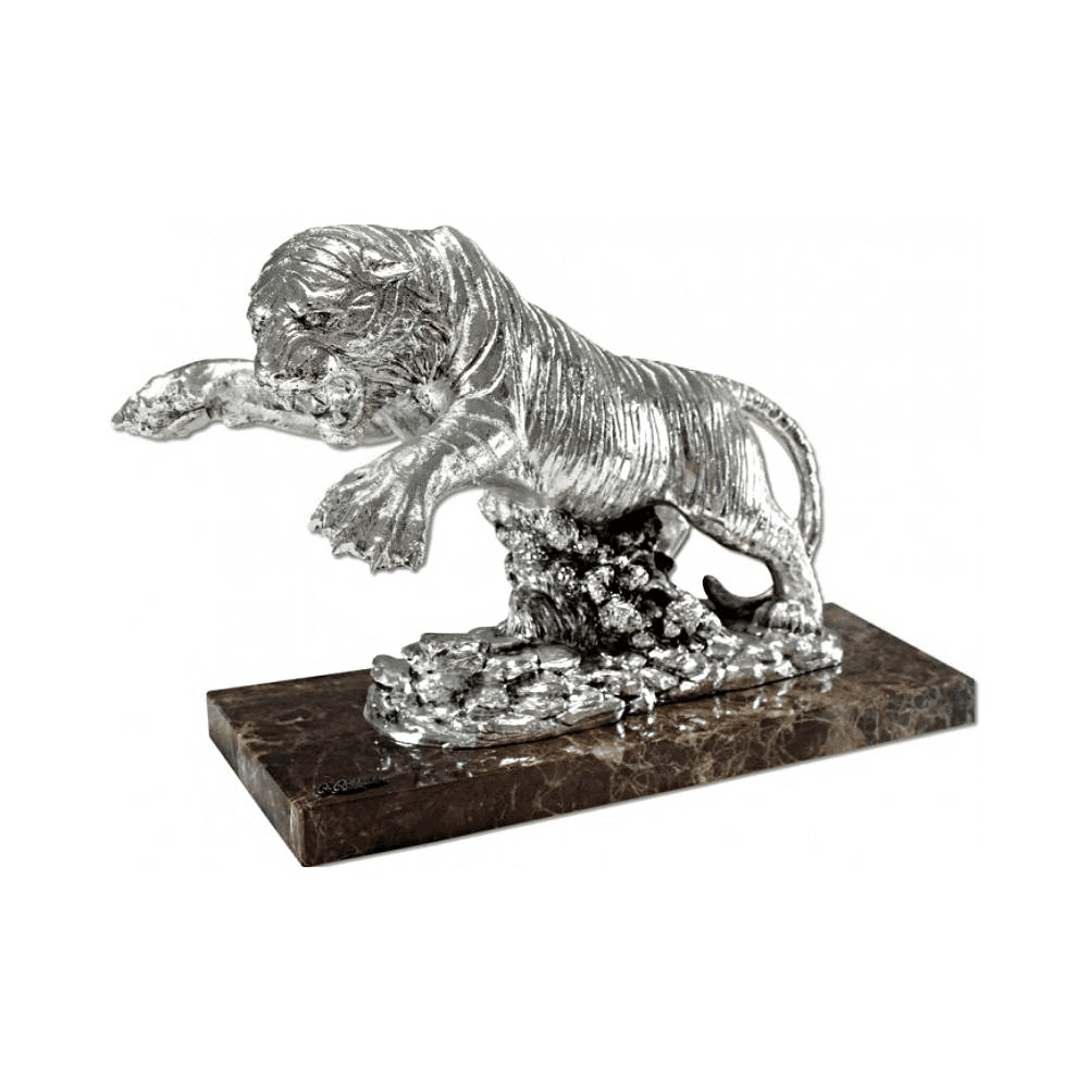 A.Anglada Silver Tiger Sculpture, Premium Decorative Animal Statue, Elegant Silver Finish Artwork, Handmade Spanish Design