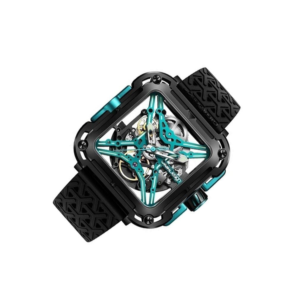 CIGA Design X Series Gorilla Skeleton Automatic Watch, Square Stainless Steel Case, Transparent Skeleton Dial, Sapphire Crystal, Silicone Strap, 30M Water Resistant