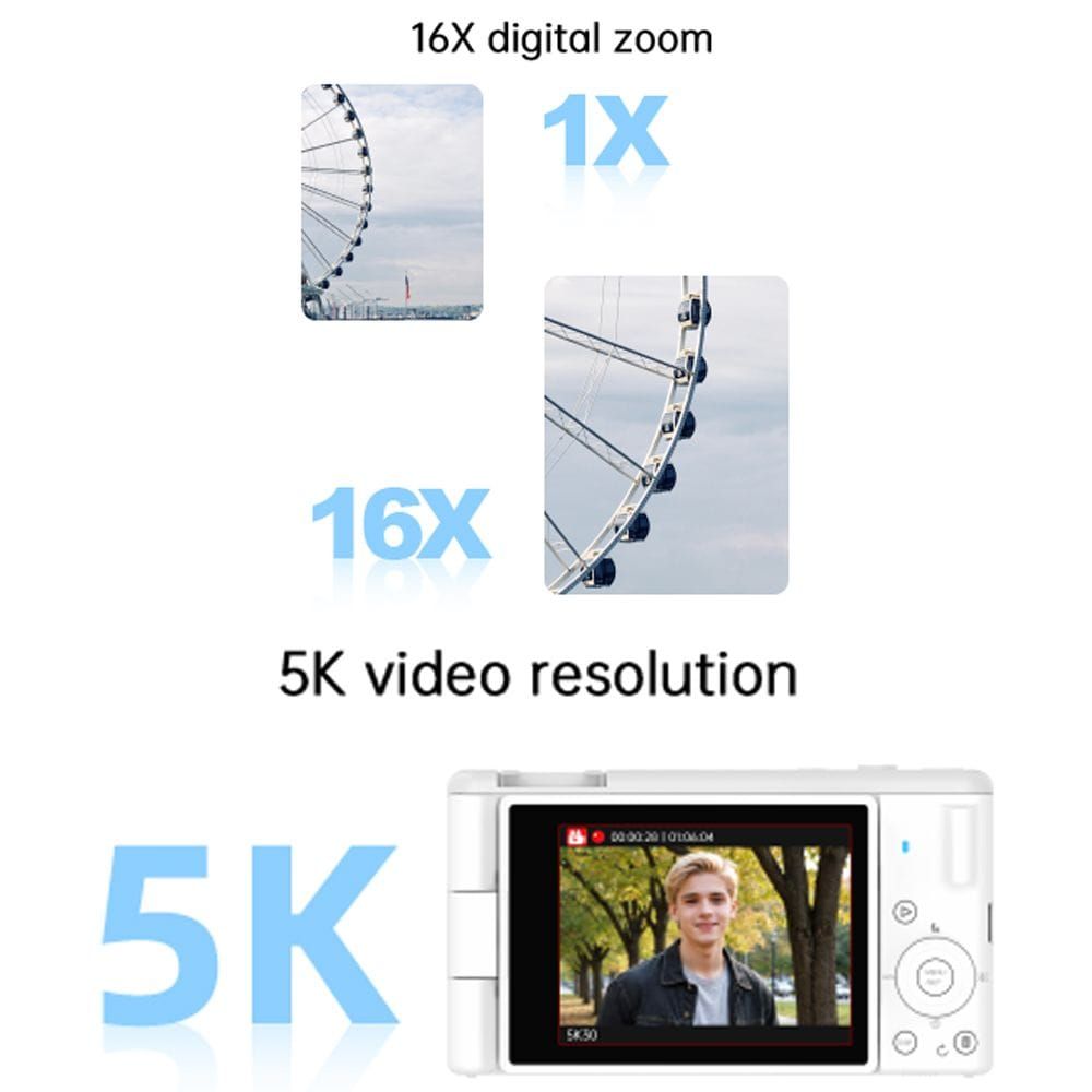 SJCAM ZV200 Digital Camera with 64MP Photos, 5K Video Recording, 18X Digital Zoom, 3.0-Inch Flip Screen & Wi-Fi Connectivity | White - 6972476163425