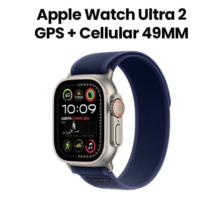 ساعة أبل ألترا ٢ GPS + خلوي ٤٩ مم هيكل التيتانيوم الطبيعي مع حزام تريل أزرق S M | MX4J3QA/A