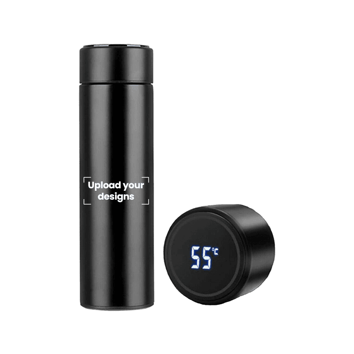 Vaccum Flask Printed with Your Personalized Design - Digital Temperature Water Bottle - Black