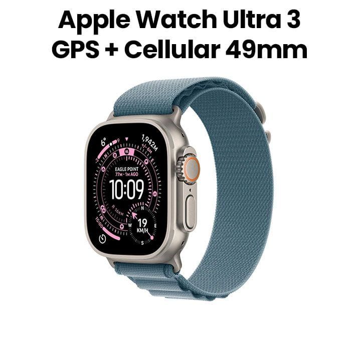 Apple Watch Ultra 3 GPS + Cellular Medium 49mm, Bright And Durable Display - Natural Titanium Case With Light Blue Alpine Loop - MEWM4AF/A