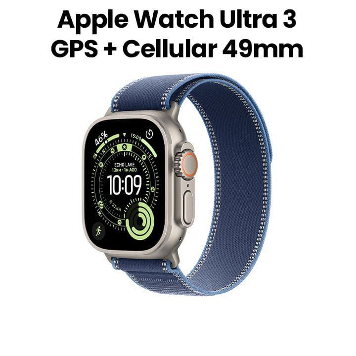 Apple Watch Ultra 3 GPS + Cellular S/M 49mm, Bright And Durable Display, Water Resistant - Natural Titanium Case With Blue/Bright Blue Trail Loop - MEWR4AF/A