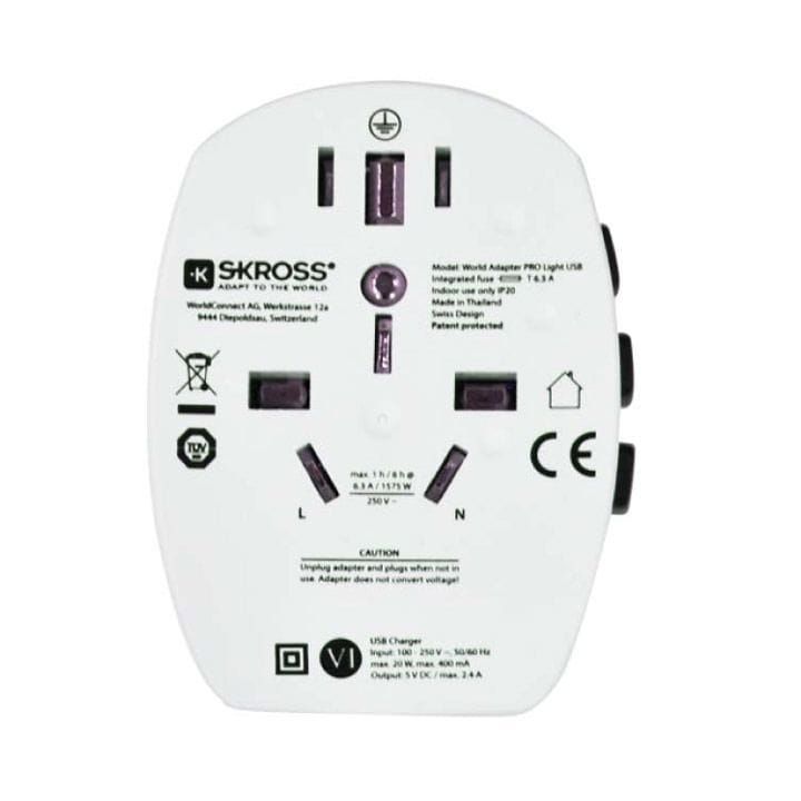 محول سفر عالمي SKROSS Pro Light USB بتصميم مخصص – قابس عالمي لأكثر من 200 دولة، منفذا USB مزدوجان، تصميم سويسري مدمج | PRO Light USB World