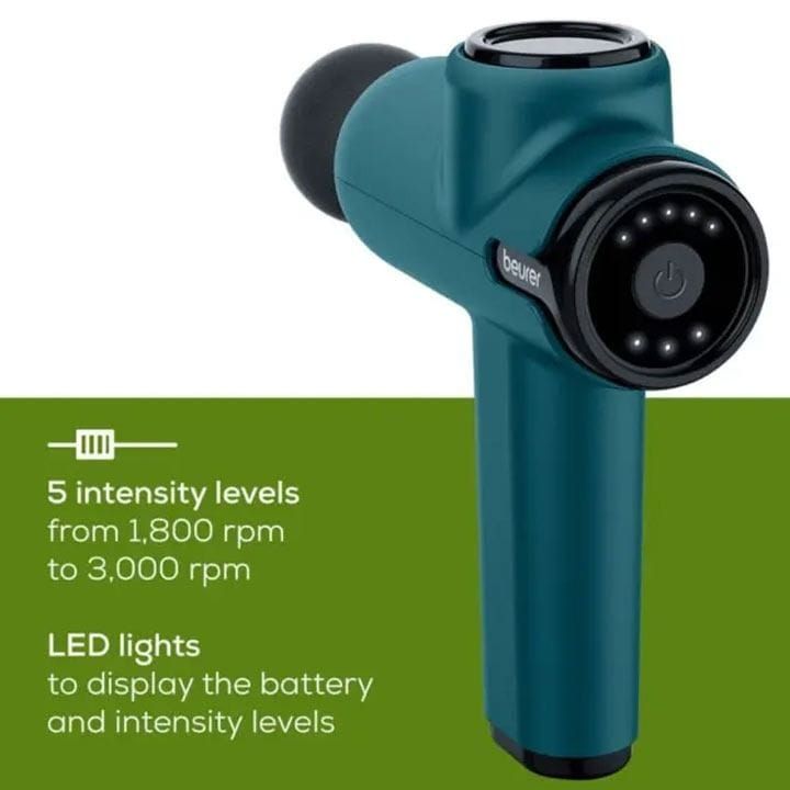 Beurer MG-99 Massage Gun – Powerful Muscle Massage, 5 Intensity Levels, Interchangeable Attachments, LED Display & Lithium-Ion Battery - Blue