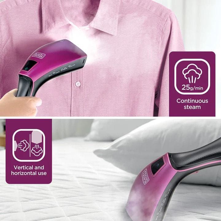 Black+Decker Digital Handheld Garment Steamer 1600W, Ceramic Soleplate, Digital LED Display, Fast Heat-Up, Removable Water Tank - Black/Purple - HSTD1600-B5