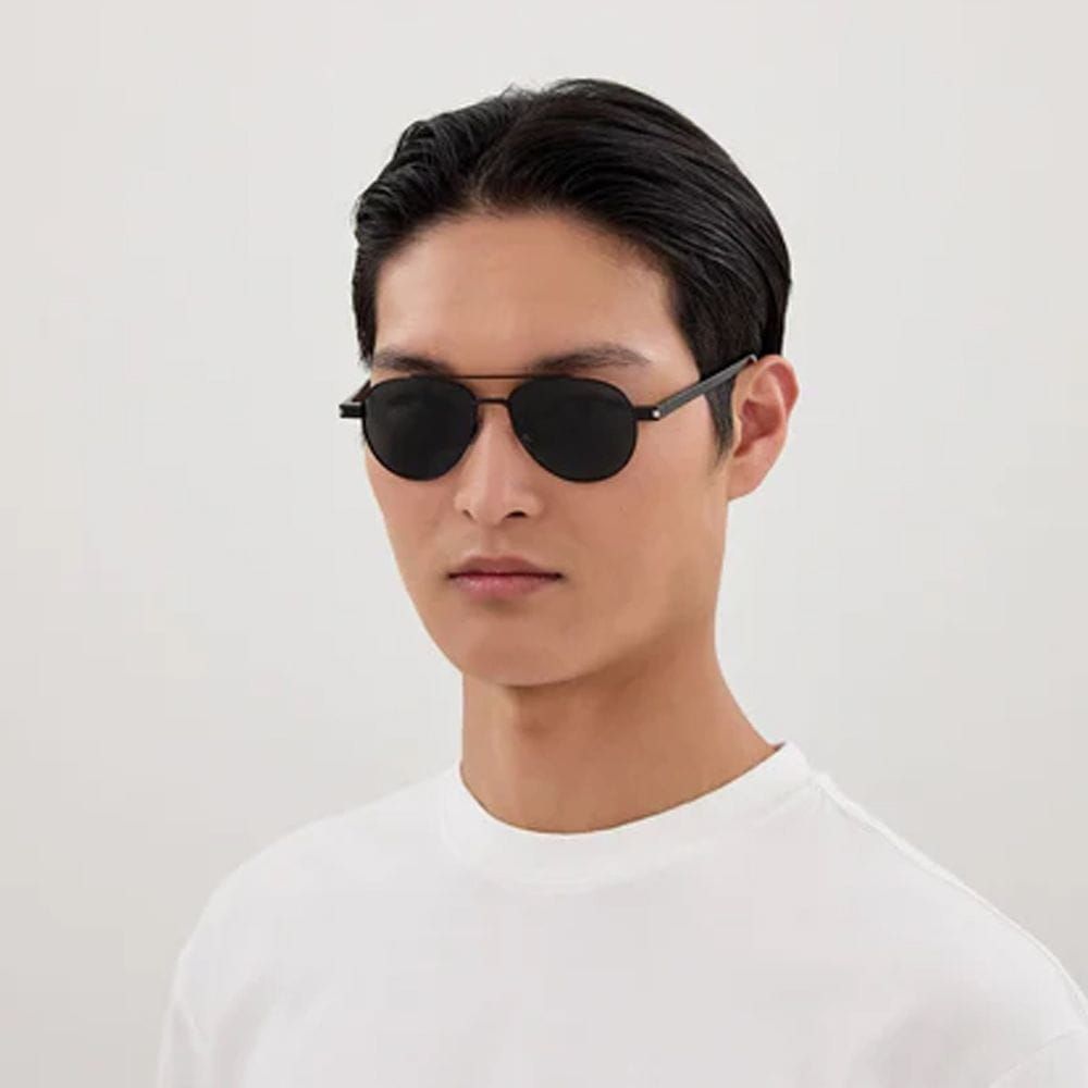 Saint Laurent Men SL 843 Pilot Sunglasses – Full Rim Metal Frame, Bio Nylon Category 3 UV Lenses, Engraved Logo Eyewear | Black/Black - 889652605845