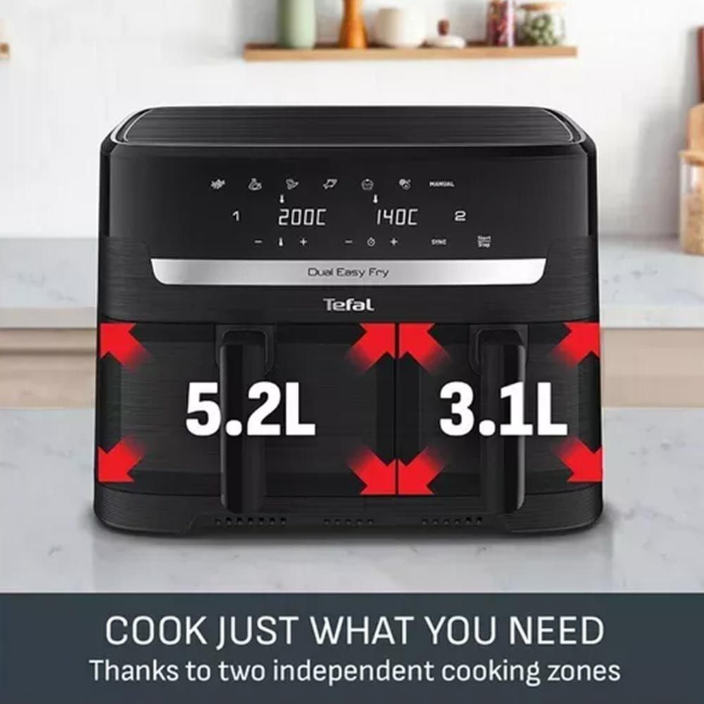 Tefal Dual Easy Fry Air Fryer, 2700W Oil-Less Dual Basket Air Fryer, Large Capacity, Digital Controls - Black/Grey - EY901N40